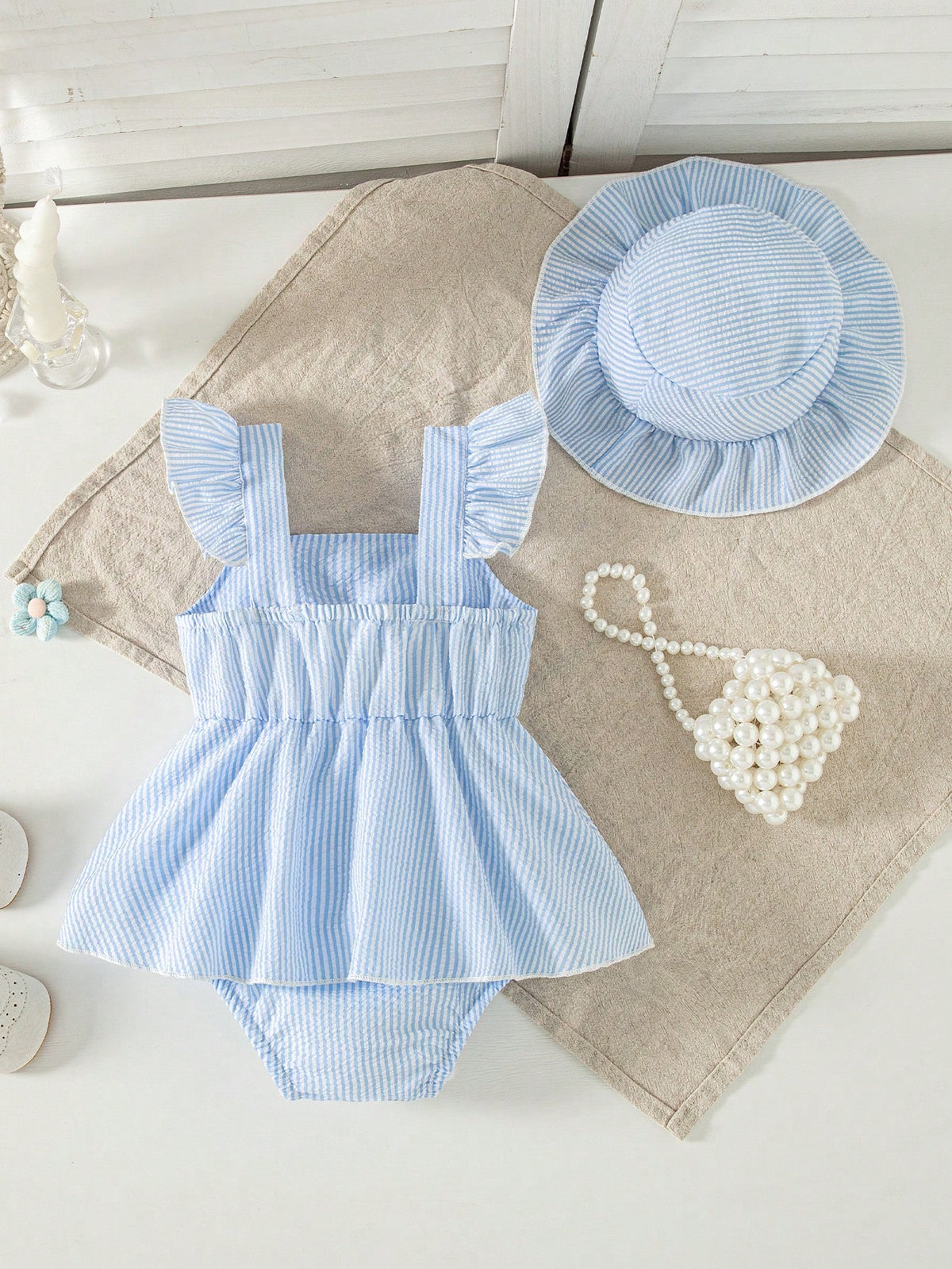 Summer Baby Girls' Striped Bodysuit With Big Bow Decor, Cap Sleeve Bib Overall, Versatile Outfits For Infants, With Sun Hat, Newborn Summer Clothing Gift