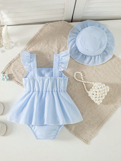 Summer Baby Girls' Striped Bodysuit With Big Bow Decor, Cap Sleeve Bib Overall, Versatile Outfits For Infants, With Sun Hat, Newborn Summer Clothing Gift
