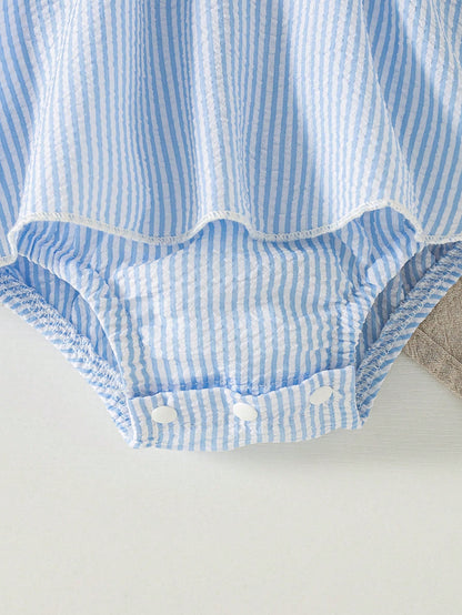 Summer Baby Girls' Striped Bodysuit With Big Bow Decor, Cap Sleeve Bib Overall, Versatile Outfits For Infants, With Sun Hat, Newborn Summer Clothing Gift