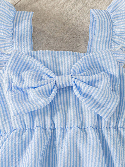 Summer Baby Girls' Striped Bodysuit With Big Bow Decor, Cap Sleeve Bib Overall, Versatile Outfits For Infants, With Sun Hat, Newborn Summer Clothing Gift