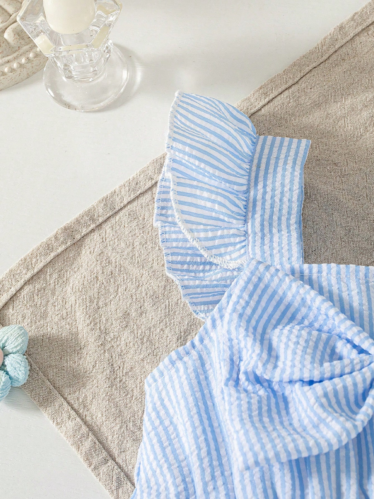 Summer Baby Girls' Striped Bodysuit With Big Bow Decor, Cap Sleeve Bib Overall, Versatile Outfits For Infants, With Sun Hat, Newborn Summer Clothing Gift