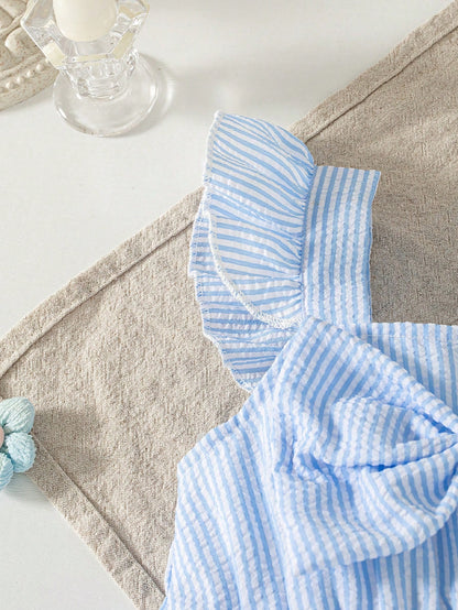 Summer Baby Girls' Striped Bodysuit With Big Bow Decor, Cap Sleeve Bib Overall, Versatile Outfits For Infants, With Sun Hat, Newborn Summer Clothing Gift