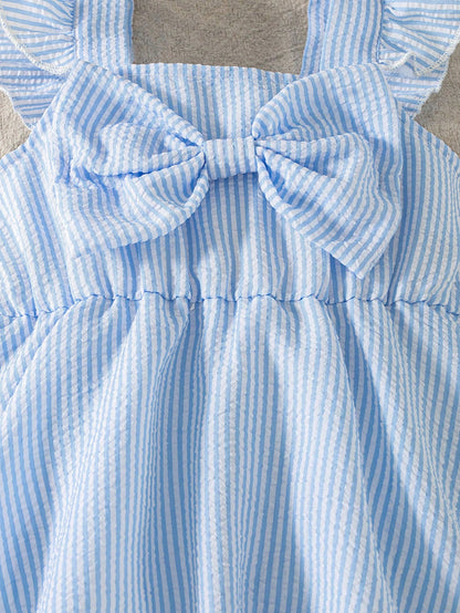 Summer Baby Girls' Striped Bodysuit With Big Bow Decor, Cap Sleeve Bib Overall, Versatile Outfits For Infants, With Sun Hat, Newborn Summer Clothing Gift