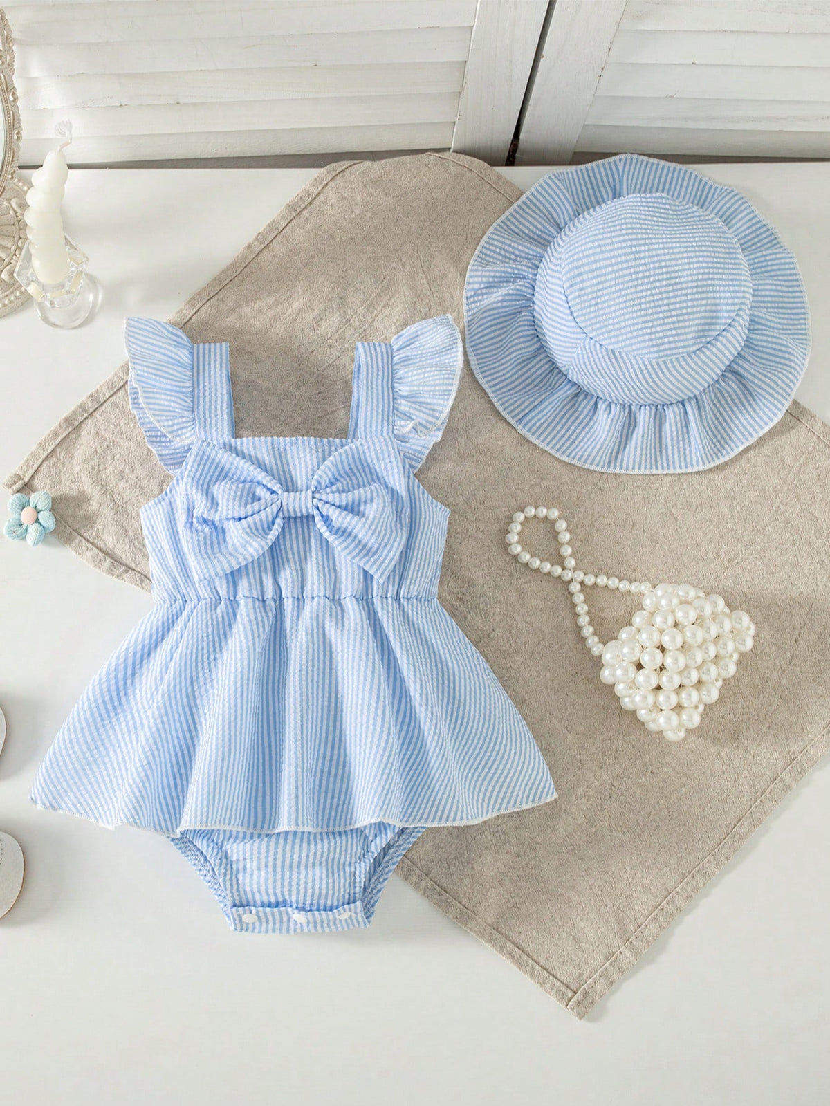 Summer Baby Girls' Striped Bodysuit With Big Bow Decor, Cap Sleeve Bib Overall, Versatile Outfits For Infants, With Sun Hat, Newborn Summer Clothing Gift