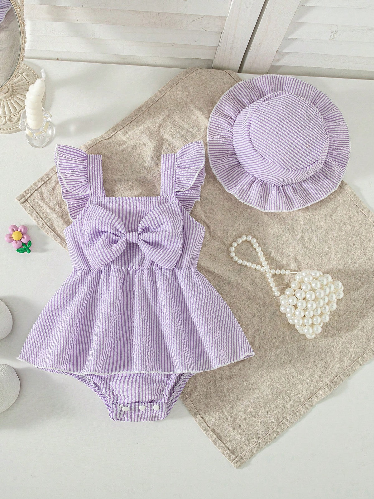 Summer Baby Girls' Striped Bodysuit With Big Bow Decor, Cap Sleeve Suspender Bodysuit, Versatile Outfits For Infants, With Sun Hat, Newborn Summer Clothing Gift, Baby Shower Gift
