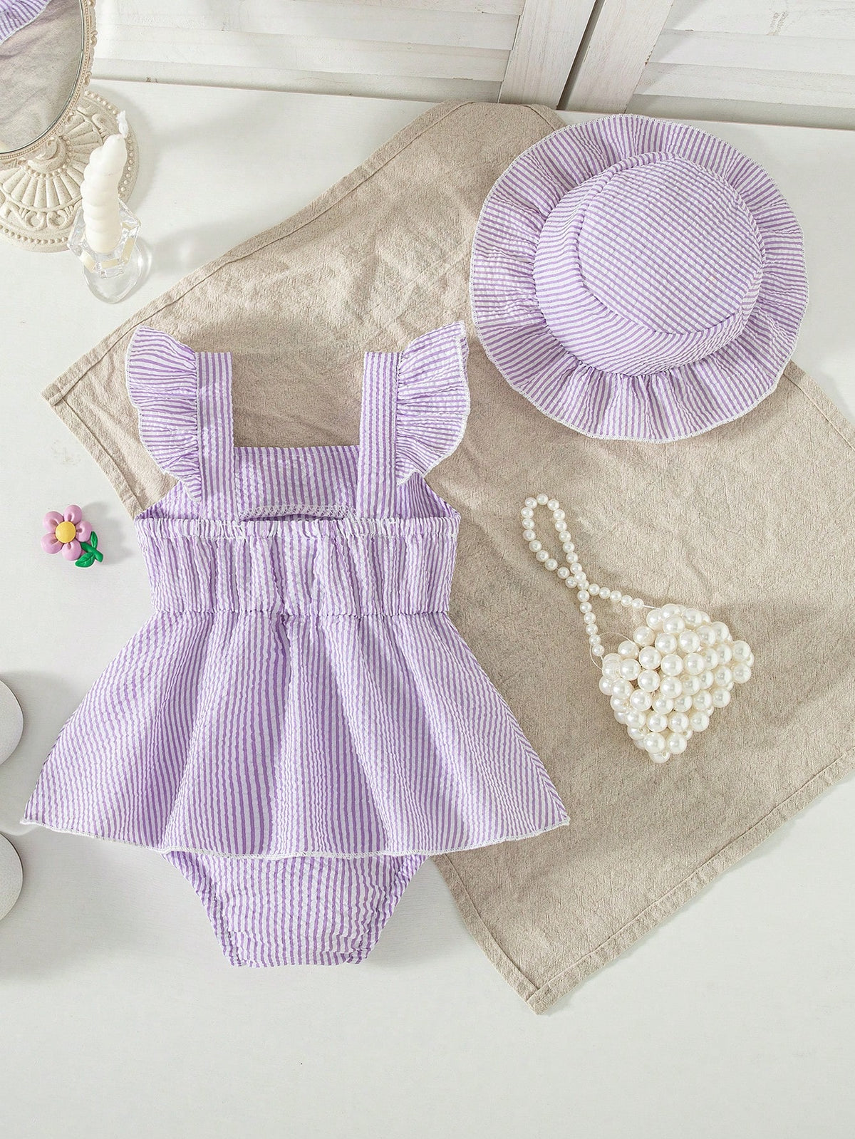 Summer Baby Girls' Striped Bodysuit With Big Bow Decor, Cap Sleeve Suspender Bodysuit, Versatile Outfits For Infants, With Sun Hat, Newborn Summer Clothing Gift, Baby Shower Gift