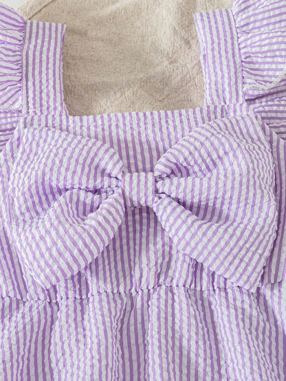 Summer Baby Girls' Striped Bodysuit With Big Bow Decor, Cap Sleeve Suspender Bodysuit, Versatile Outfits For Infants, With Sun Hat, Newborn Summer Clothing Gift, Baby Shower Gift