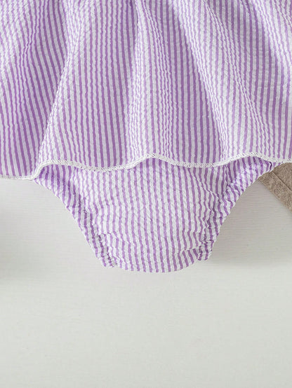 Summer Baby Girls' Striped Bodysuit With Big Bow Decor, Cap Sleeve Suspender Bodysuit, Versatile Outfits For Infants, With Sun Hat, Newborn Summer Clothing Gift, Baby Shower Gift