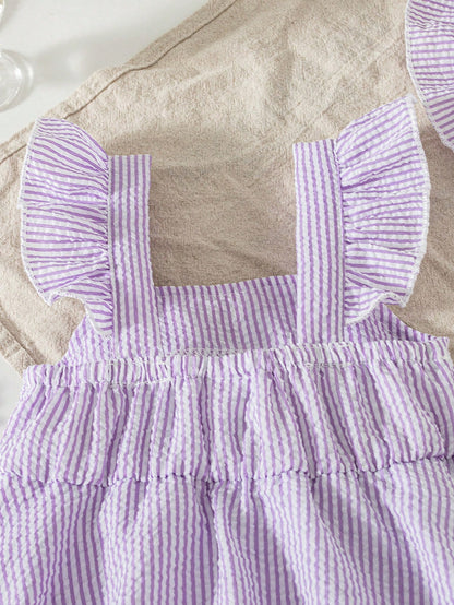 Summer Baby Girls' Striped Bodysuit With Big Bow Decor, Cap Sleeve Suspender Bodysuit, Versatile Outfits For Infants, With Sun Hat, Newborn Summer Clothing Gift, Baby Shower Gift