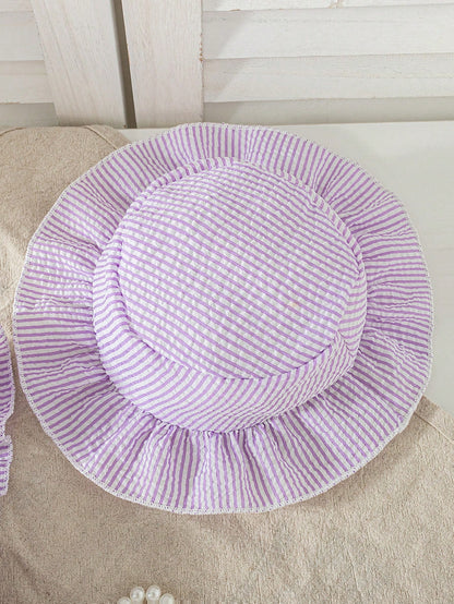 Summer Baby Girls' Striped Bodysuit With Big Bow Decor, Cap Sleeve Suspender Bodysuit, Versatile Outfits For Infants, With Sun Hat, Newborn Summer Clothing Gift, Baby Shower Gift