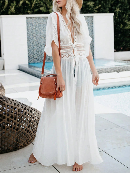 Summer Beach Cardigan, Bamboo-Joint Lace Patchwork Waist Flower Edge Beach Sun-Protective Cardigan