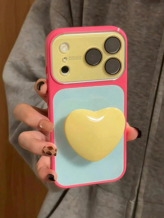 Summer Candy Color Patchwork Yellow Heart Phone Stand Compatible With Apple 17 Pro Max Phone Case 17 New 16 Pro Super Beautiful Women's 17 Pro Personalized 16 Shockproof Protective Cover 15 Pro