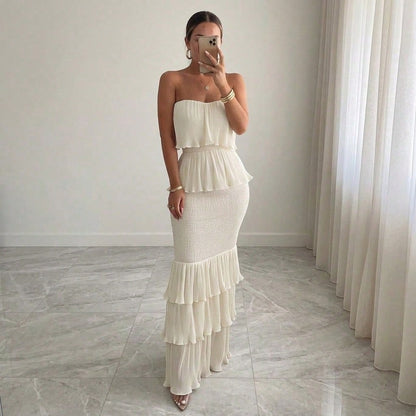 Summer Dresses For WomenStrapless Smocked Pleated Ruffle Tiered Maxi Dress, Elegant Solid Off Shoulder Bodycon Long Summer Dress For Dresses For Women