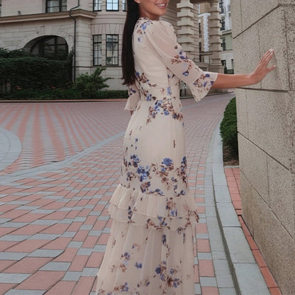 Summer Elegant Floral Dress Retro Waist Cinched Slit Long Dress