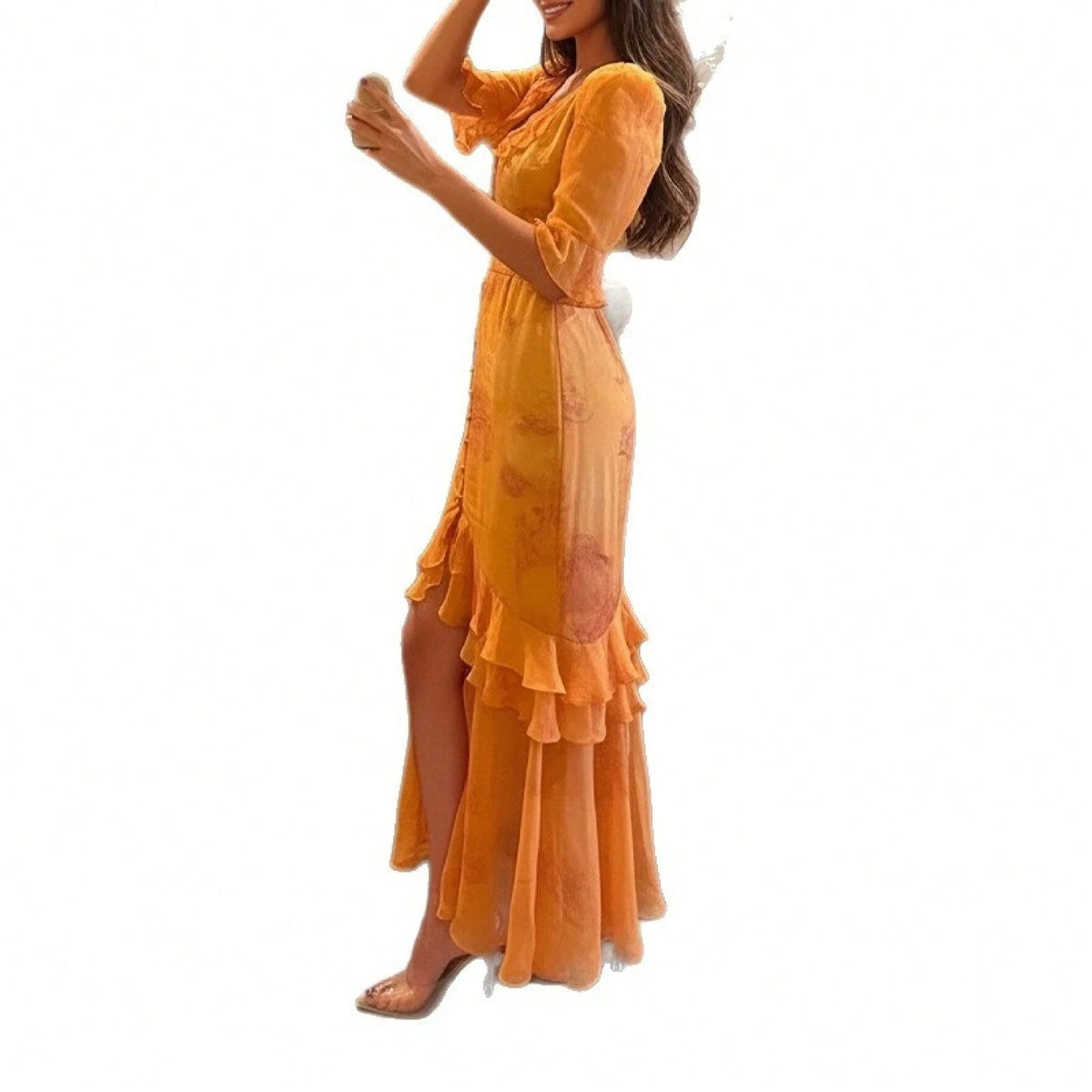 Summer Elegant Floral Dress Retro Waist Cinched Slit Long Dress
