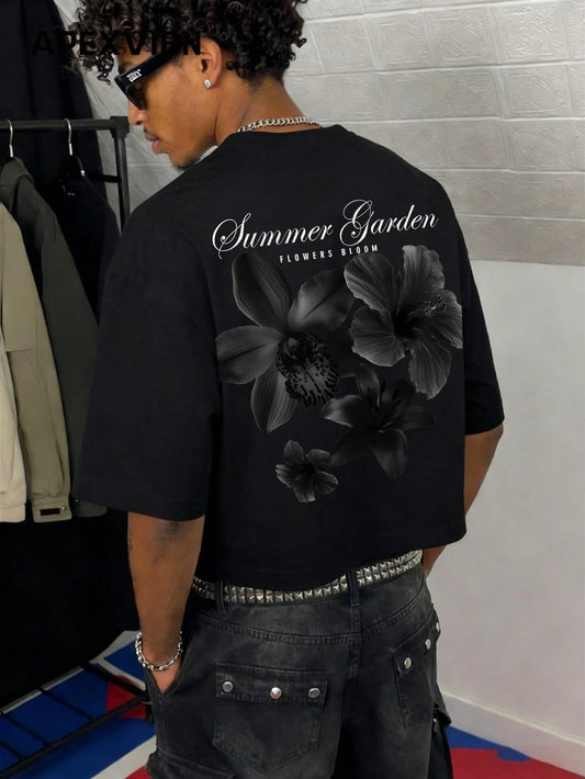 Summer Garden Oversized Short Sleeve Cropped Tee, Black Floral Print, Streetwear Casual Couple Round Neck T-Shirt