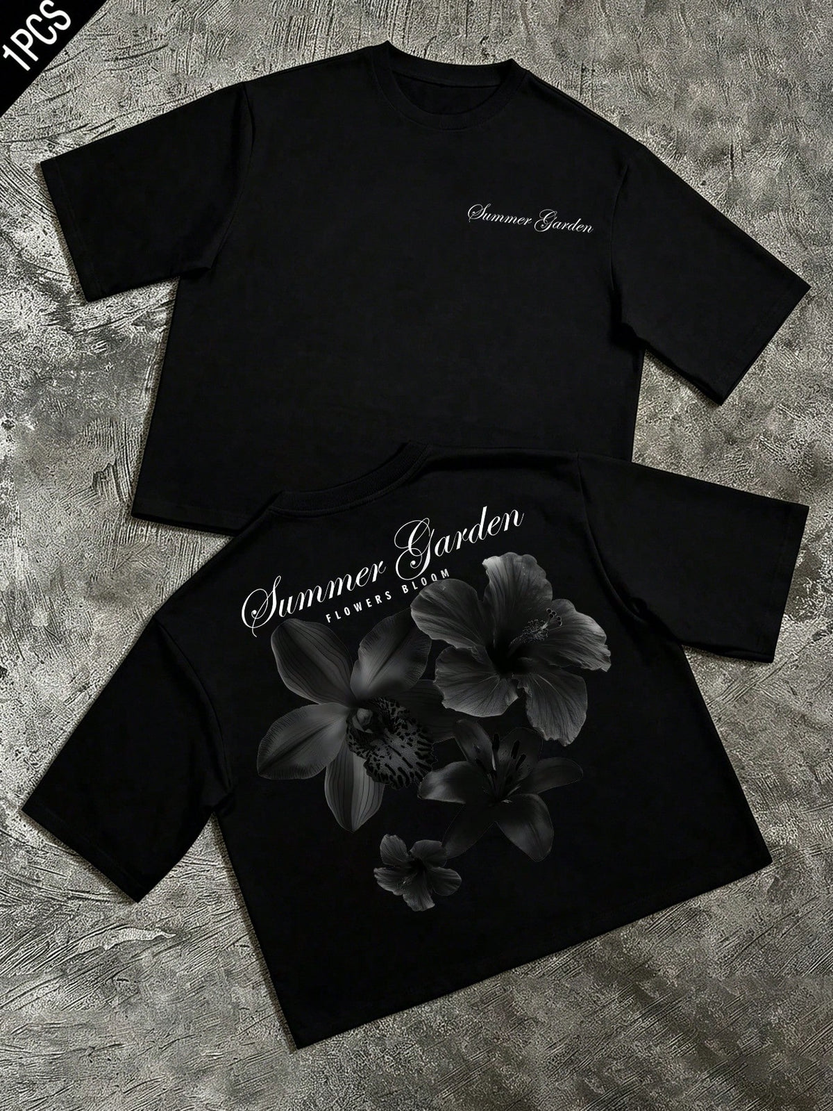 Summer Garden Oversized Short Sleeve Cropped Tee, Black Floral Print, Streetwear Casual Couple Round Neck T-Shirt