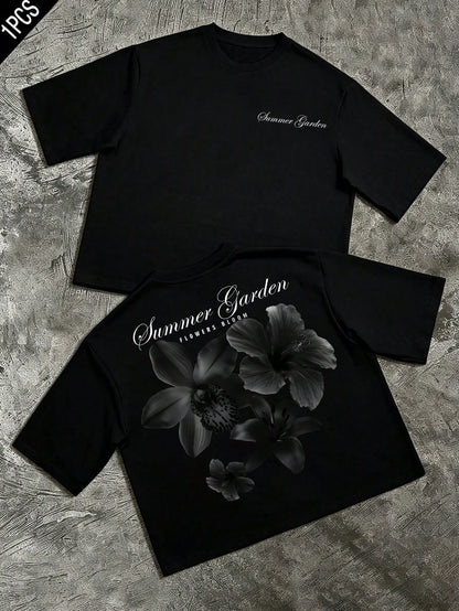 Summer Garden Oversized Short Sleeve Cropped Tee, Black Floral Print, Streetwear Casual Couple Round Neck T-Shirt