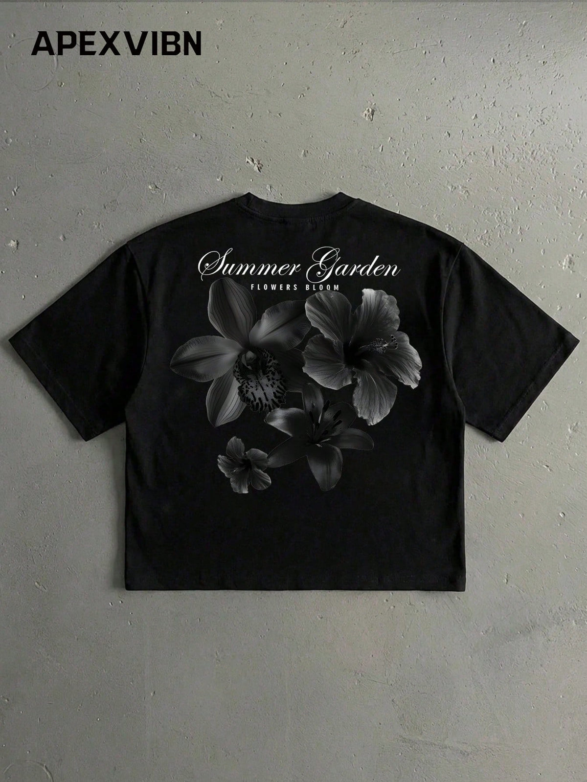 Summer Garden Oversized Short Sleeve Cropped Tee, Black Floral Print, Streetwear Casual Couple Round Neck T-Shirt
