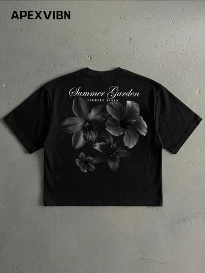 Summer Garden Oversized Short Sleeve Cropped Tee, Black Floral Print, Streetwear Casual Couple Round Neck T-Shirt