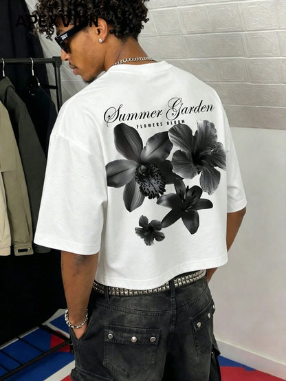 Summer Garden Oversized Short Sleeve Cropped Tee, Black Floral Print, Streetwear Casual Couple Round Neck T-Shirt