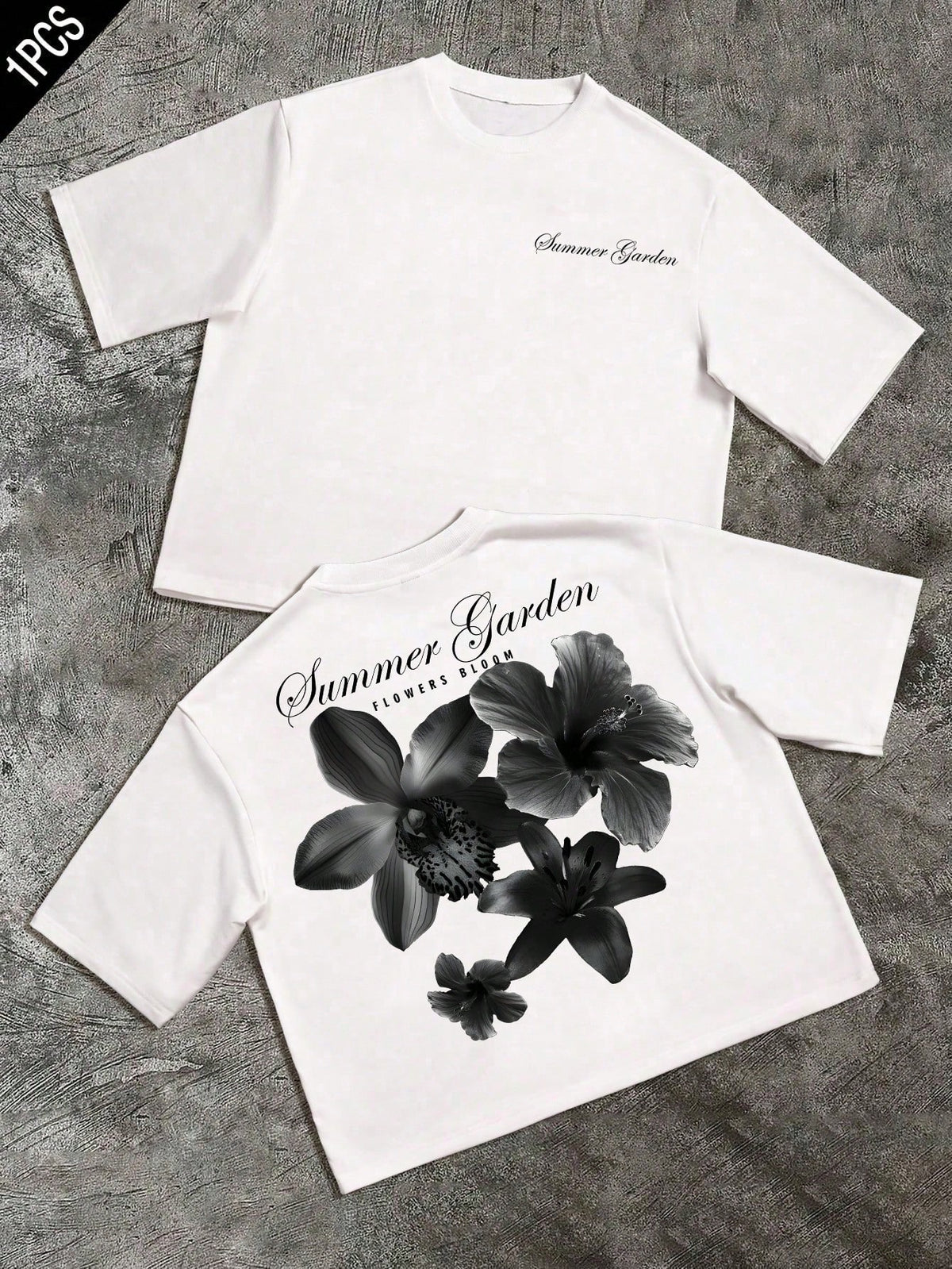 Summer Garden Oversized Short Sleeve Cropped Tee, Black Floral Print, Streetwear Casual Couple Round Neck T-Shirt