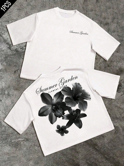 Summer Garden Oversized Short Sleeve Cropped Tee, Black Floral Print, Streetwear Casual Couple Round Neck T-Shirt