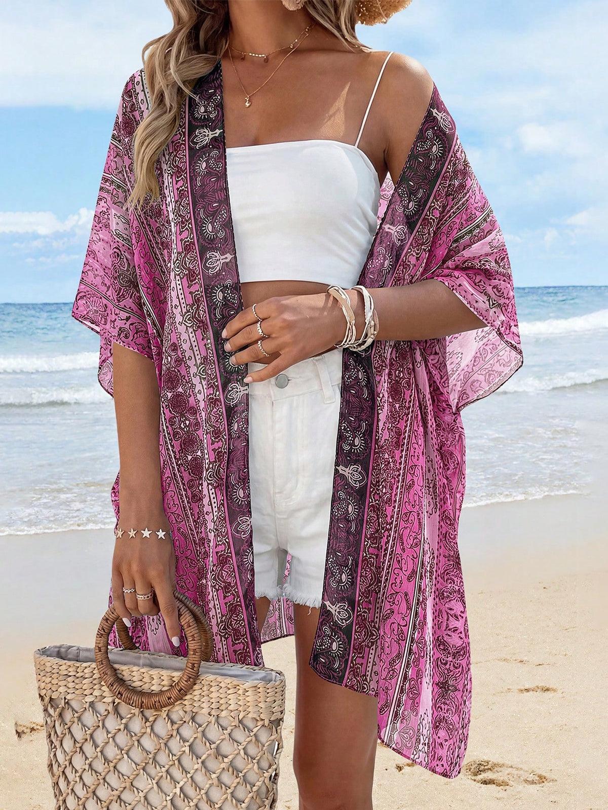 Summer Kimonos For Women Boho Floral Short Sleeve Flowy Cardigans Swimsuit Beach Cover Ups For Women