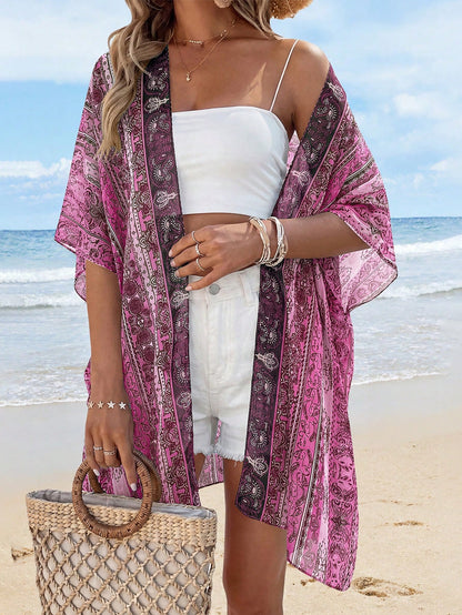 Summer Kimonos For Women Boho Floral Short Sleeve Flowy Cardigans Swimsuit Beach Cover Ups For Women