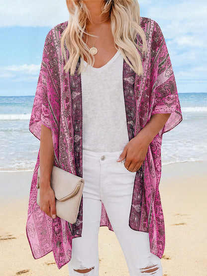 Summer Kimonos For Women Boho Floral Short Sleeve Flowy Cardigans Swimsuit Beach Cover Ups For Women