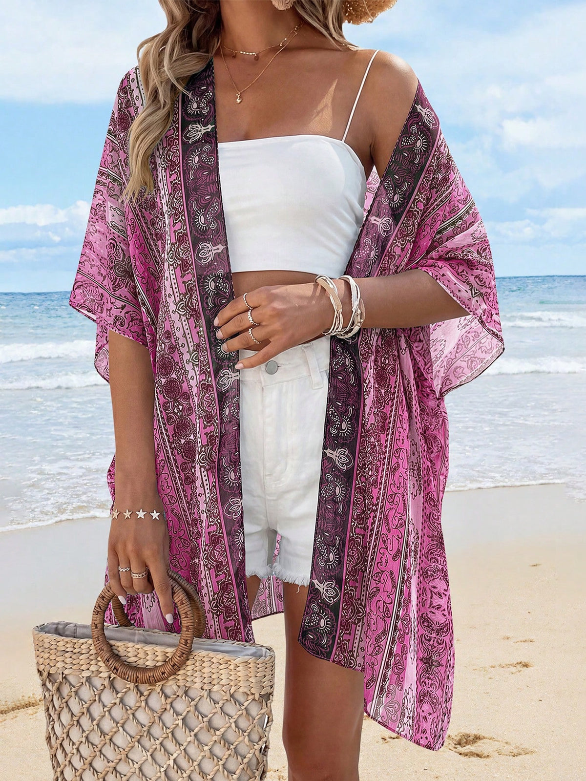 Summer Kimonos For Women Boho Floral Short Sleeve Flowy Cardigans Swimsuit Beach Cover Ups For Women