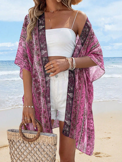 Summer Kimonos For Women Boho Floral Short Sleeve Flowy Cardigans Swimsuit Beach Cover Ups For Women