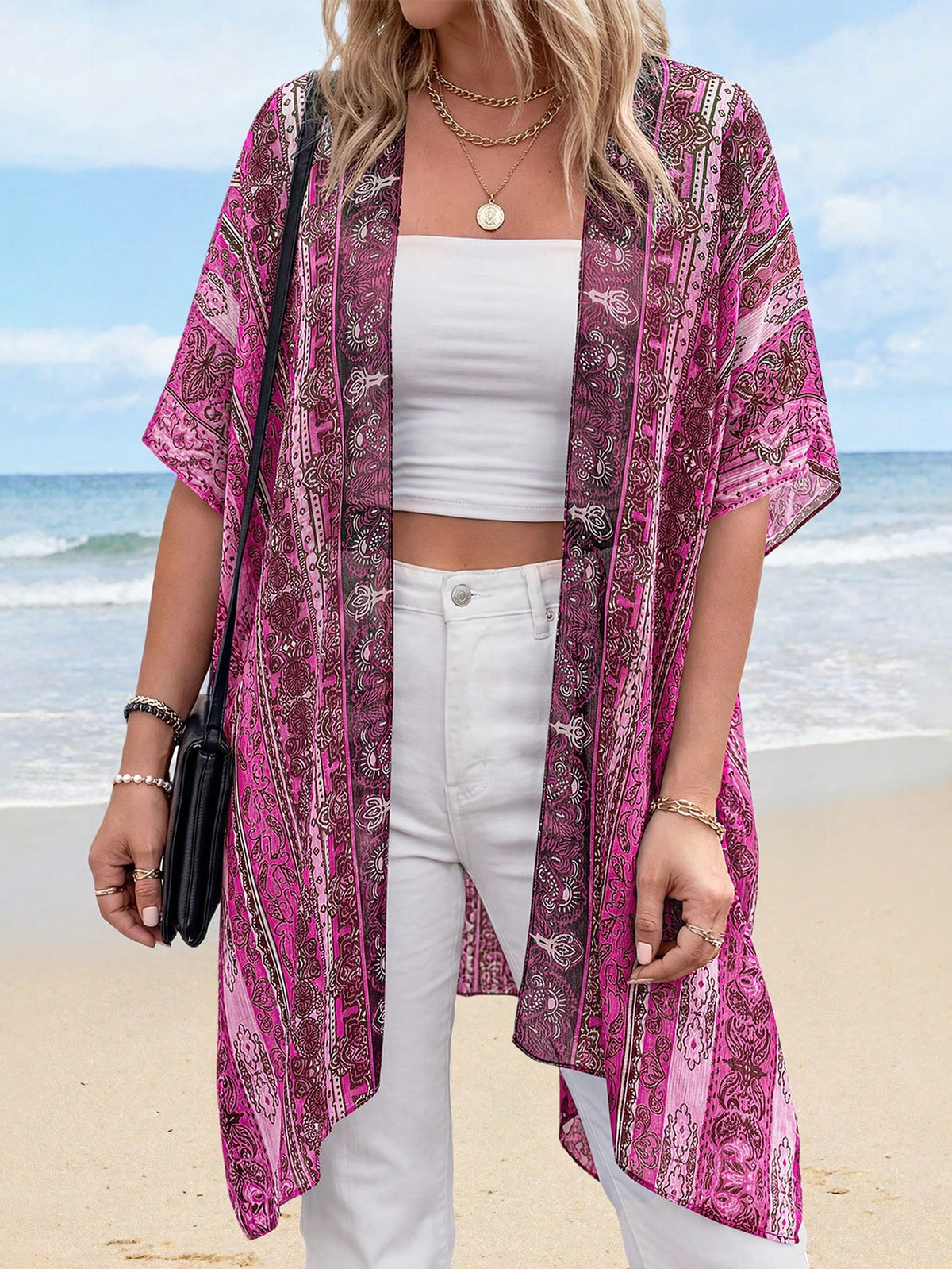 Summer Kimonos For Women Boho Floral Short Sleeve Flowy Cardigans Swimsuit Beach Cover Ups For Women