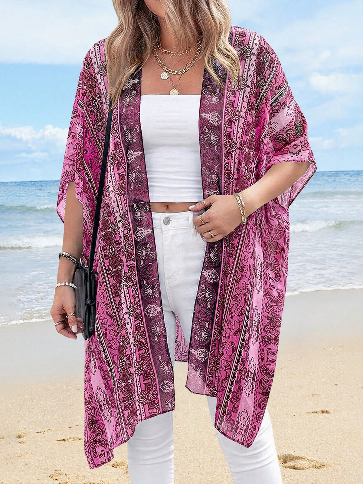 Summer Kimonos For Women Boho Floral Short Sleeve Flowy Cardigans Swimsuit Beach Cover Ups For Women