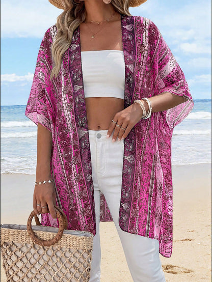 Summer Kimonos For Women Boho Floral Short Sleeve Flowy Cardigans Swimsuit Beach Cover Ups For Women