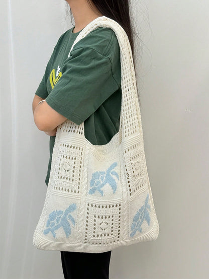 Summer Lady Daily Use Lightweight Tote Bags Sea Turtle Pattern Hollowed Out Knitted Crochet Beach Shopping Bags,Back To School Bag