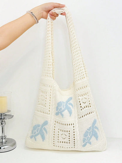 Summer Lady Daily Use Lightweight Tote Bags Sea Turtle Pattern Hollowed Out Knitted Crochet Beach Shopping Bags,Back To School Bag