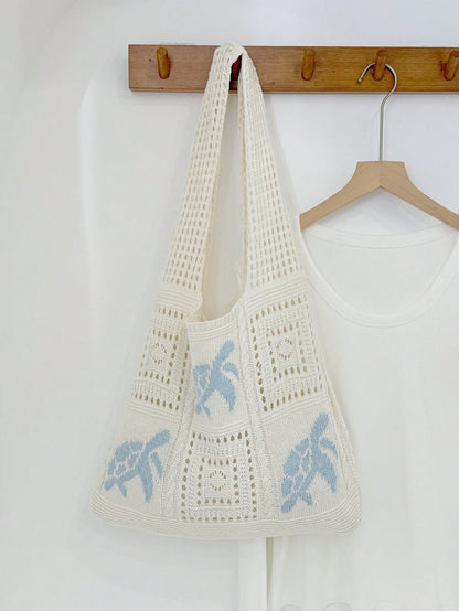 Summer Lady Daily Use Lightweight Tote Bags Sea Turtle Pattern Hollowed Out Knitted Crochet Beach Shopping Bags,Back To School Bag