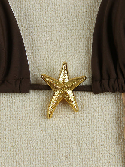 Summer Sexy Metal Starfish Decor Solid Color Women's Bikini Two Pieces Set, Beach Vacation Party Fashion Elegant Casual Swimsuit Set