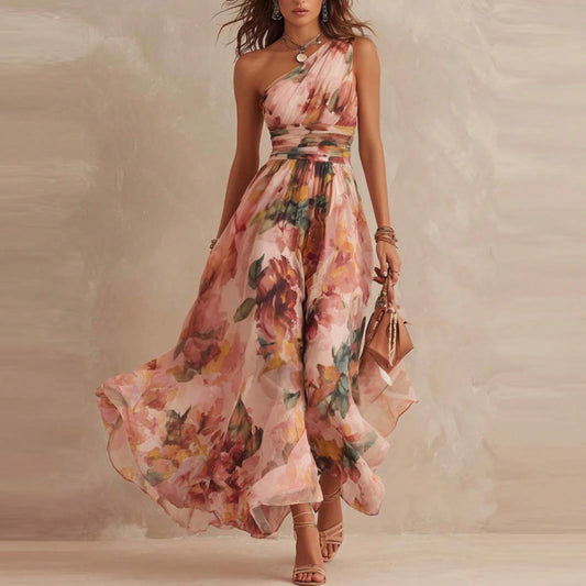 Summer Women's Digital Print Elegant Off-Shoulder Sleeveless Dress