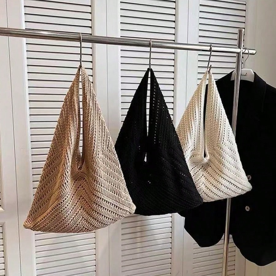 Summer Women'S Vintage Vacation Style,Women Hollow Knitted Shoulder Bag, Simple Crochet Handbag,Lightweight Casual Hollow Out Pattern Crochet Bag