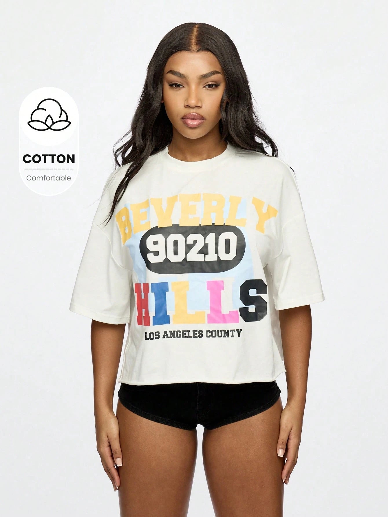 SUMWON WOMEN Beverly Hills 90210 Crop Top Oversized T-Shirt LA County Graphic Print Retro TV Show Fan Streetwear Summer Festival Fashion