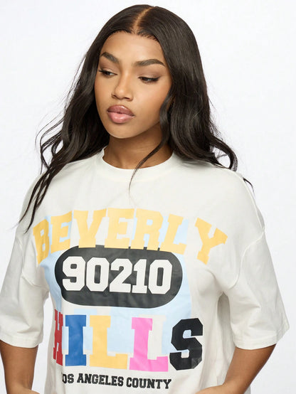 SUMWON WOMEN Beverly Hills 90210 Crop Top Oversized T-Shirt LA County Graphic Print Retro TV Show Fan Streetwear Summer Festival Fashion