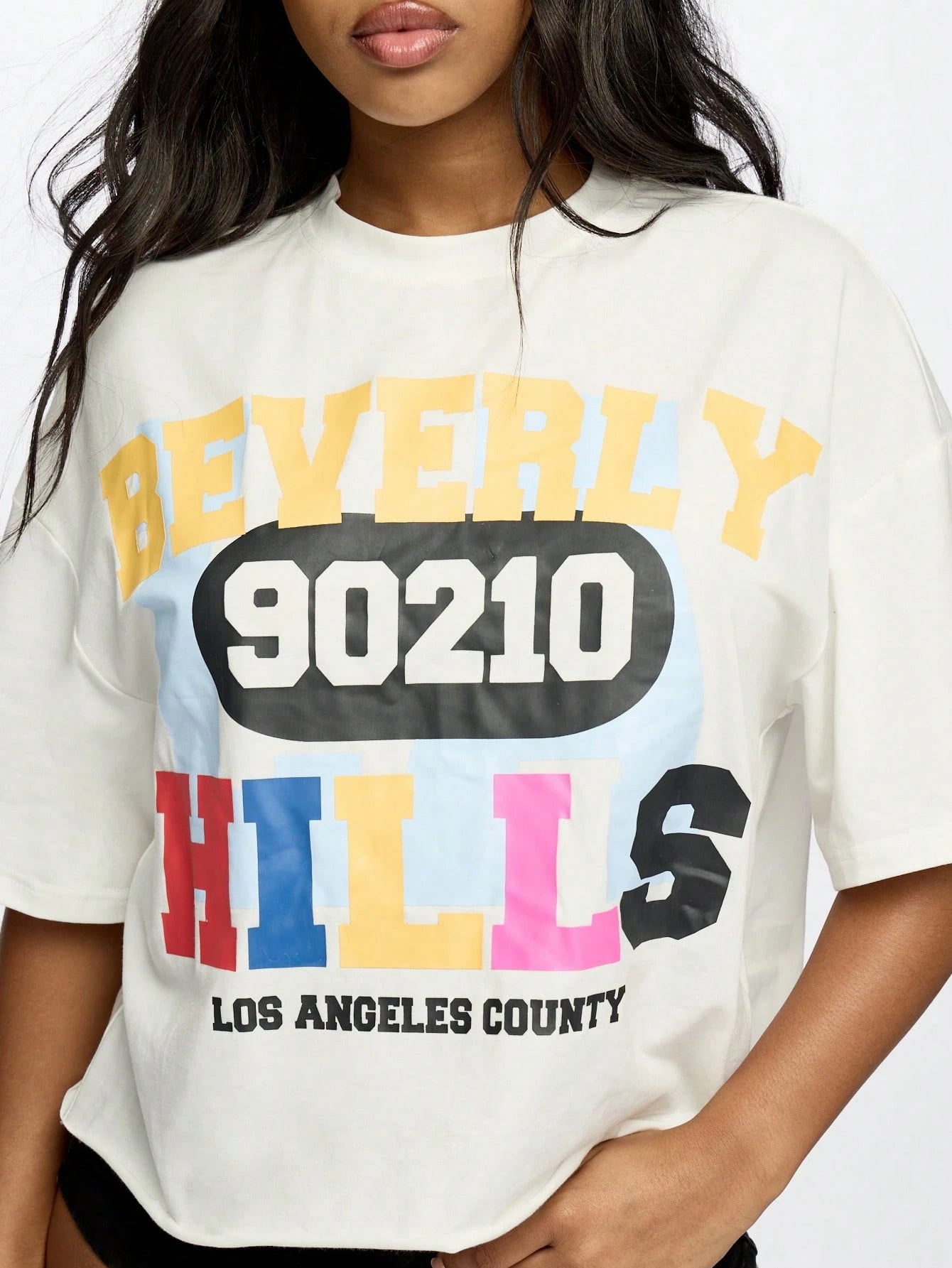 SUMWON WOMEN Beverly Hills 90210 Crop Top Oversized T-Shirt LA County Graphic Print Retro TV Show Fan Streetwear Summer Festival Fashion