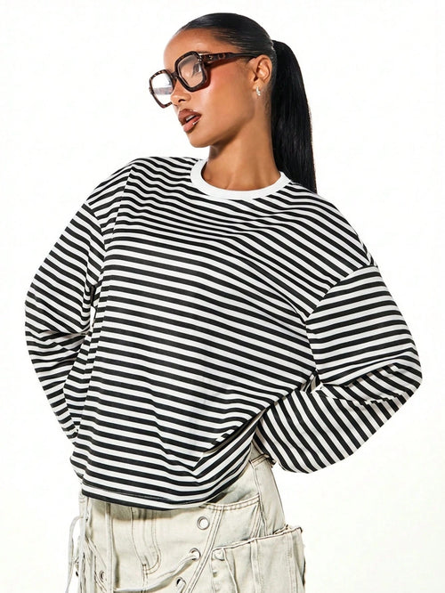 SUMWON WOMEN Long Sleeve Striped T-Shirt Casual Oversized Loose Fit Crew Neck Top Fall Winter Everyday Wardrobe Essential