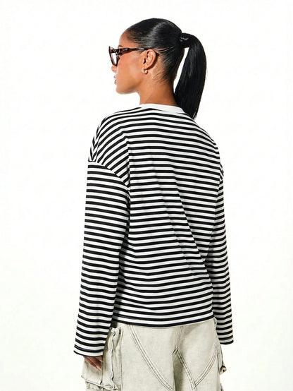 SUMWON WOMEN Long Sleeve Striped T-Shirt Casual Oversized Loose Fit Crew Neck Top Fall Winter Everyday Wardrobe Essential