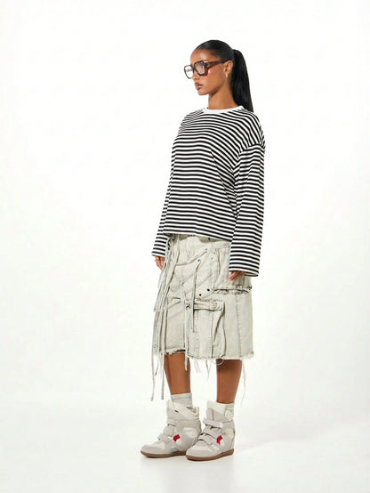 SUMWON WOMEN Long Sleeve Striped T-Shirt Casual Oversized Loose Fit Crew Neck Top Fall Winter Everyday Wardrobe Essential