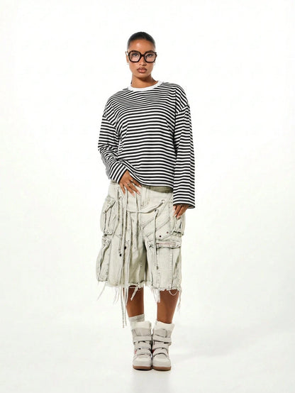SUMWON WOMEN Long Sleeve Striped T-Shirt Casual Oversized Loose Fit Crew Neck Top Fall Winter Everyday Wardrobe Essential