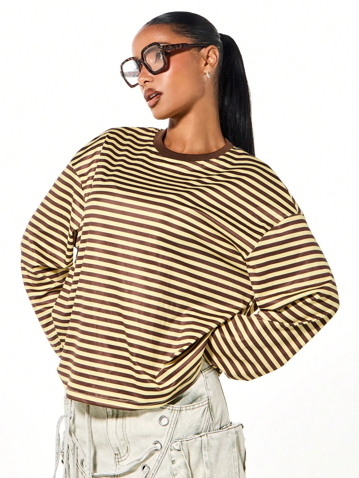 SUMWON WOMEN Long Sleeve Striped T-Shirt Casual Oversized Loose Fit Crew Neck Top Fall Winter Everyday Wardrobe Essential