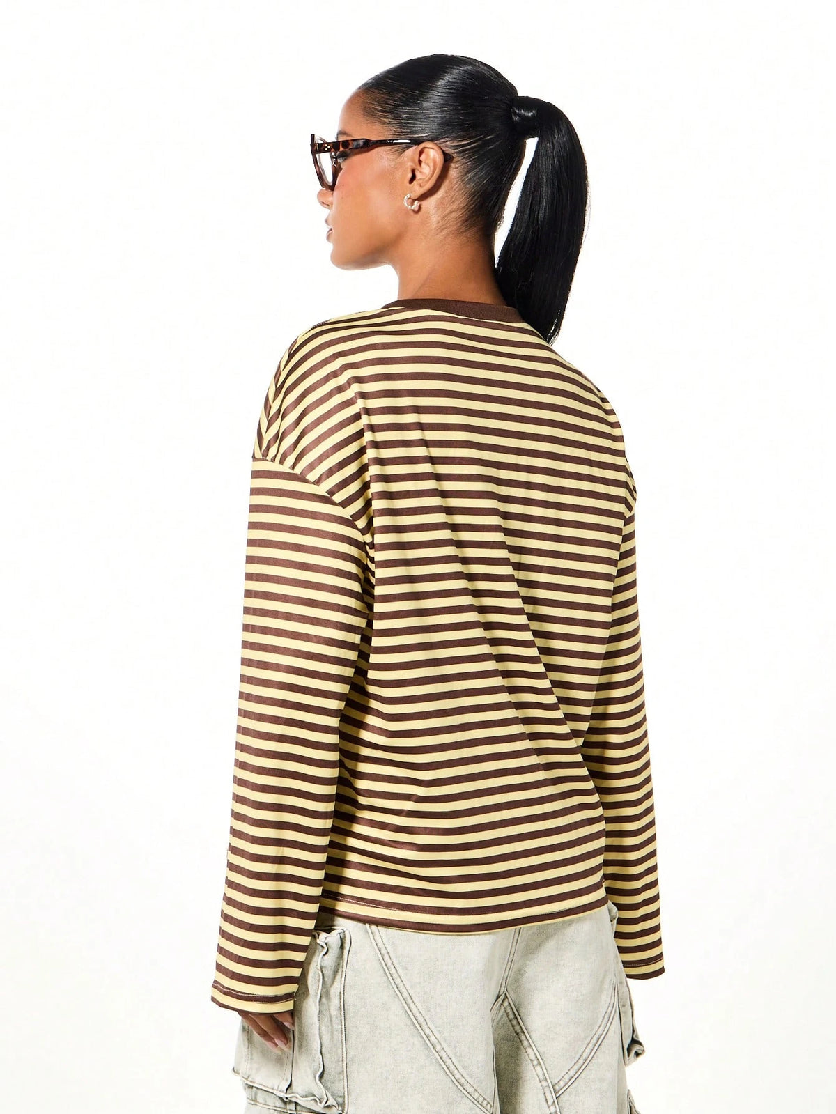 SUMWON WOMEN Long Sleeve Striped T-Shirt Casual Oversized Loose Fit Crew Neck Top Fall Winter Everyday Wardrobe Essential